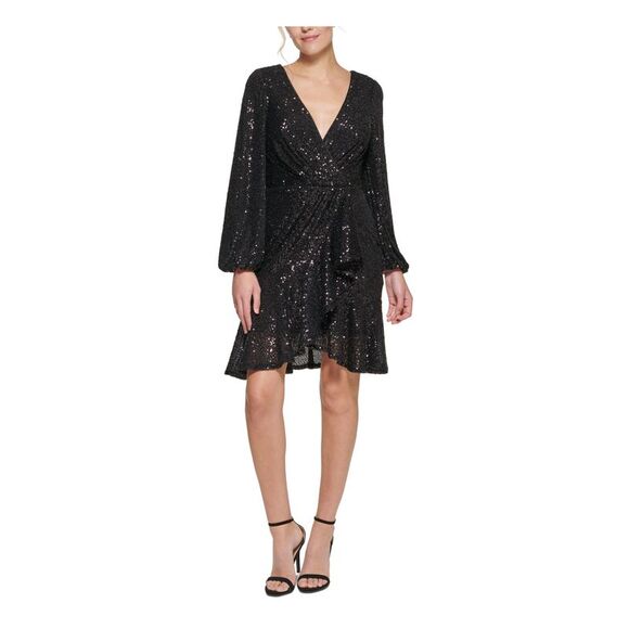 ELIZA J Dresses & Skirts - ELIZA J Womens Black Long Sleeve Above The Knee Party Faux Wrap Dress 4
